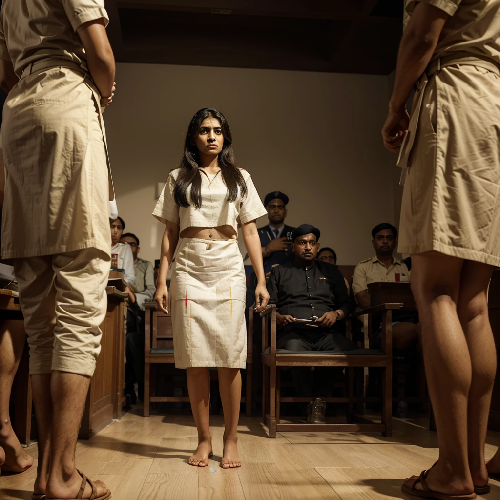 Create a 3D illustration painting depicting a court scene where a person stands accused, uttering the phrase 'to judge that jaj Sahab vah main tha Jisne shikanji p'. Capture the tension and drama of the trial, emphasizing the defendant's assertion amidst the judicial scrutiny and audience reaction
