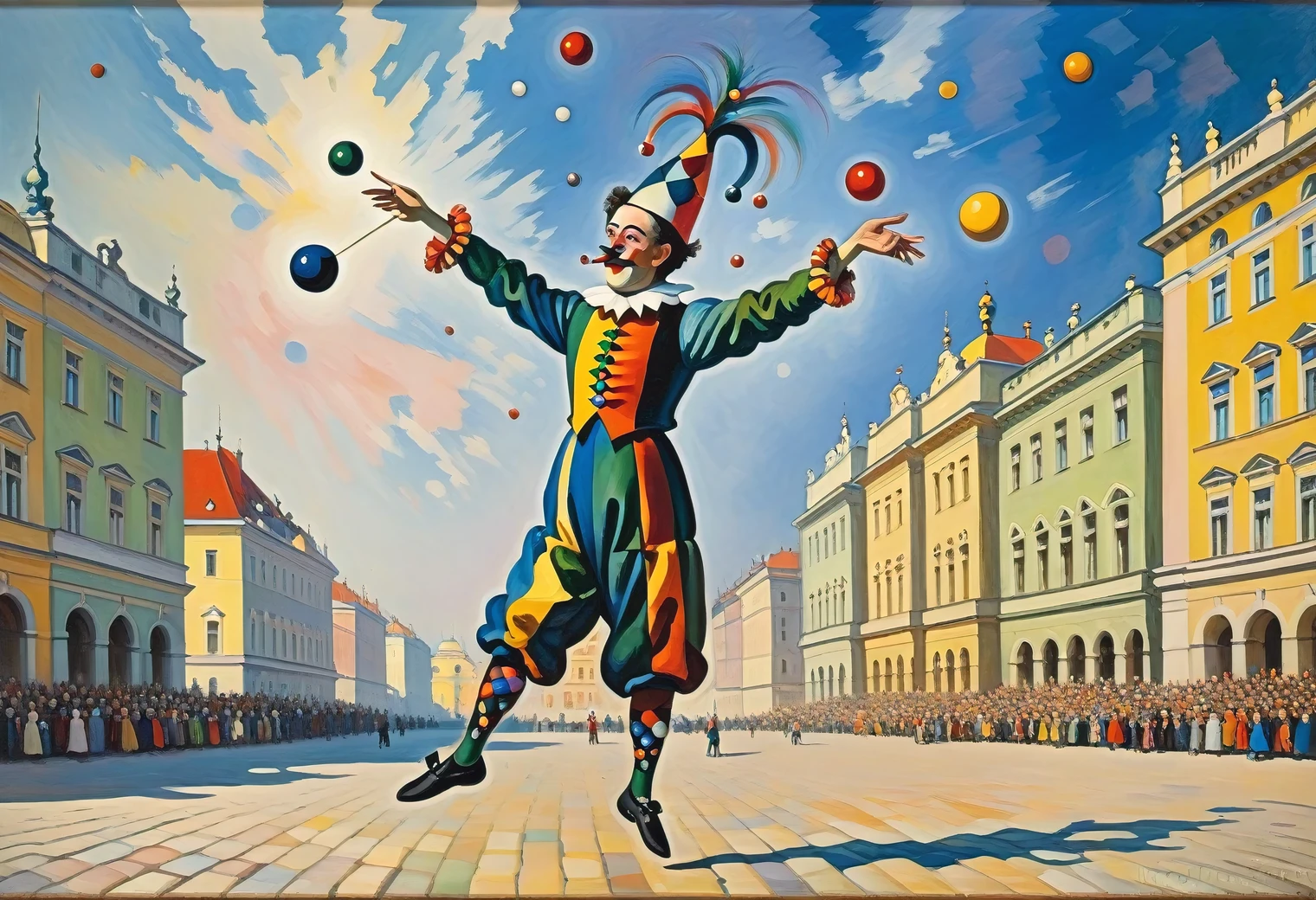 Oil painting on canvas by the artist Vasily Kandinsky, ((jester-juggler)) on the Palace Square of St. Petersburg, the jester (juggling):1.5 multi-colored balls, multi-colored balls rotate around the jester, full compliance with the style of Vasily Kandinsky
