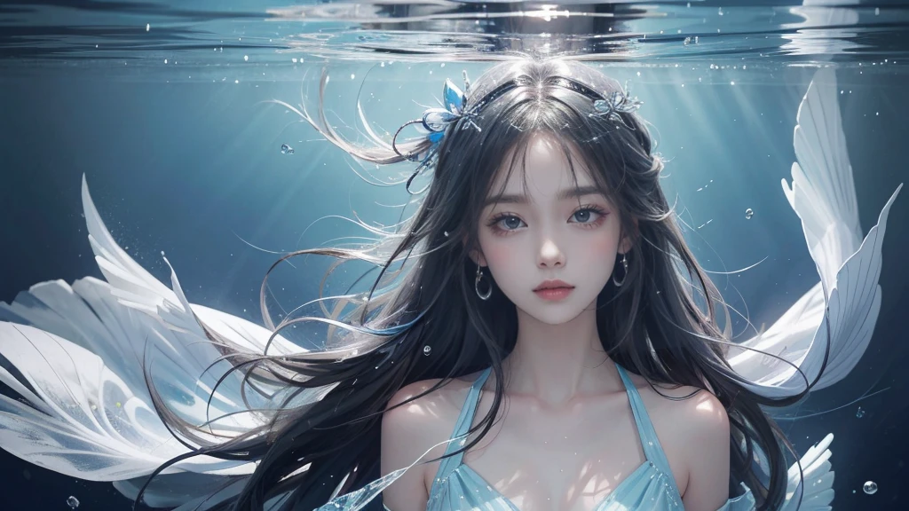 Best quality,masterpiece,Ultra-high resolution,(Reality:1.4),RAW photos,Cold Light,Woman wearing transparent clothes underwater,full-body shot,Wallpaper Anime Blue Water,Guvitz-style artwork,closeup fantasy with water magic,author:Yang J,Guvitz,A beautiful artistic illustration,Water Nymphs,Beautiful digital artwork,Beautiful digital illustrations,Li Song,Beautiful anime portrait,Bovo's art style