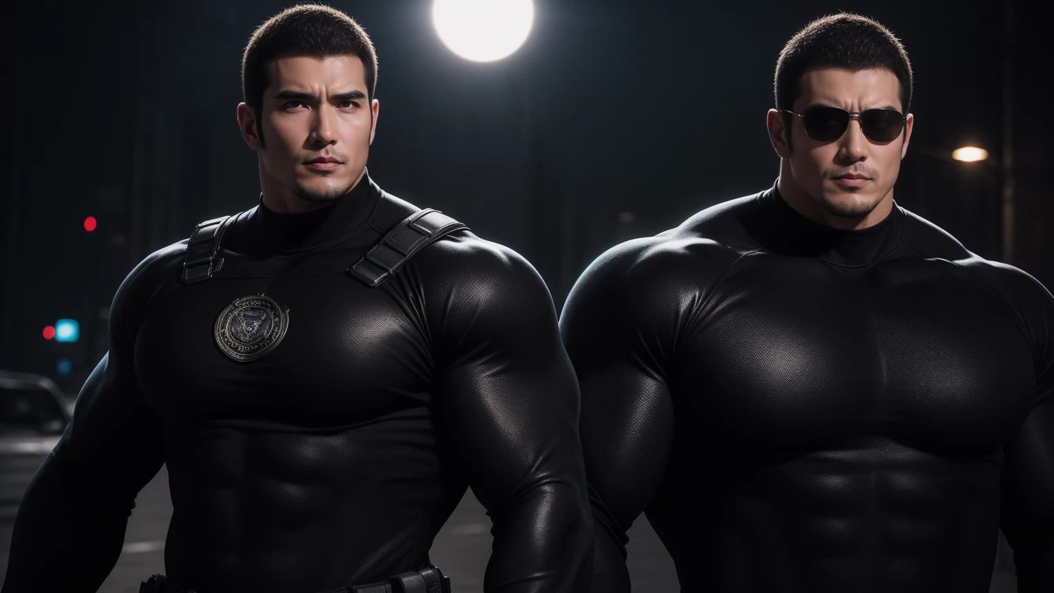 Super muscular man hugging, Sad eyes,Wear sunglasses,They embrace affectionately,short hair,On a vintage outdoor street under the hot sun, Wear long sleeves, Deep turtleneck bodysuit, Thickened warm elastic texture,The clothes are dirty,There are mud stains,Looks sad, Thick thighs, messy hair, Thick thighs, High target-necked long-sleeved dark yellow high-necked tights, very tight, Regular symmetrical pattern, High targetlight muscles, Police uniform pants, character concept(Resident Evil - chris redfield, chris redfield)A proud expression, Deep and charming eyes, Valiant male pose, tall Burly, muscular!muscular thighs, Tough Guy, Perfect facial features, High target, Burly, Heqiang, Super exquisite and cool, High target Resolution Committee, Attractive, The sun is blazing, Dazzling