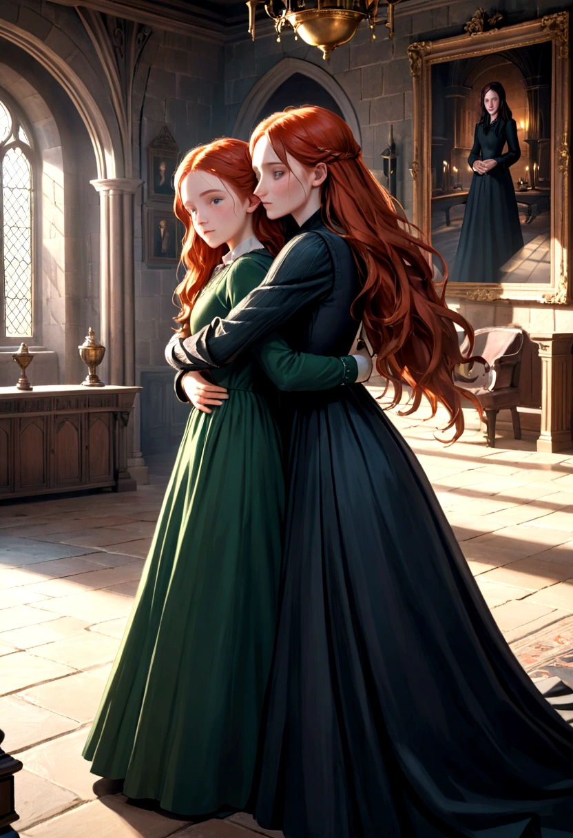 (a beautiful redheaded girl in a long dress, lily evans potter, embracing her daughter, the daughter of severus snape, in the castle living room, highly detailed, photorealistic, masterpiece, 8k, ultra-detailed, cinematic lighting, warm colors, dramatic shadows, elegant pose, soft focus)