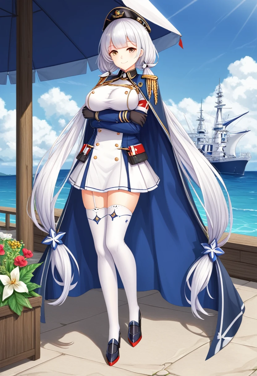 (masterpiece)),((best quality)),((outdoors,extremely detailed)),illustration,1girl,solo,light smile,Aquila_Azurlane,uniform,cape,white thighhighs,low twintails,absurdly long hair,fullbody,standing,black gloves,arm under breasts,