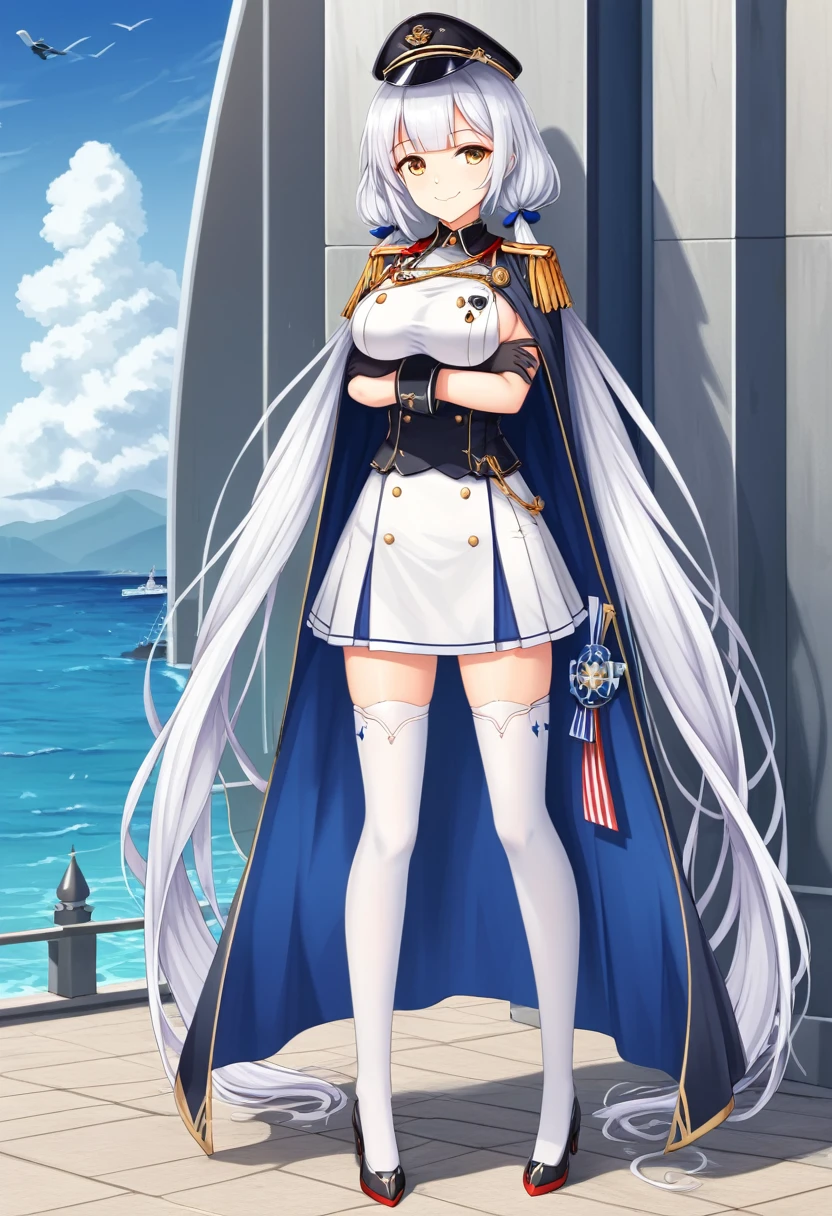 lexington \(warship girls r\),((Best quality))),((Ultra-detailed)),((illustration)),((Disheveled hair)),((frilld)),(1 girl),(Solo), 1girl, blue eyes, damaged, hat, long hair, pantyhose, solo, torn clothes, torn gloves, torn legwear, torn shirt, torn skirt, very long hair, black legwear, legwear, white beret, military, white military uniform, white naval uniform, gray hair