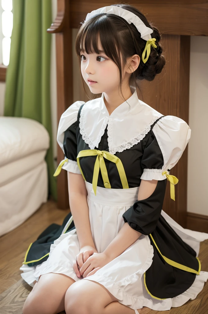 Praying Girl Maid outfit with ribbon on the back The bottom clothes are yellow-green. whiteの風呂敷を頭に巻いてる Church-like place Sitting in the middle with hands folded white Hope