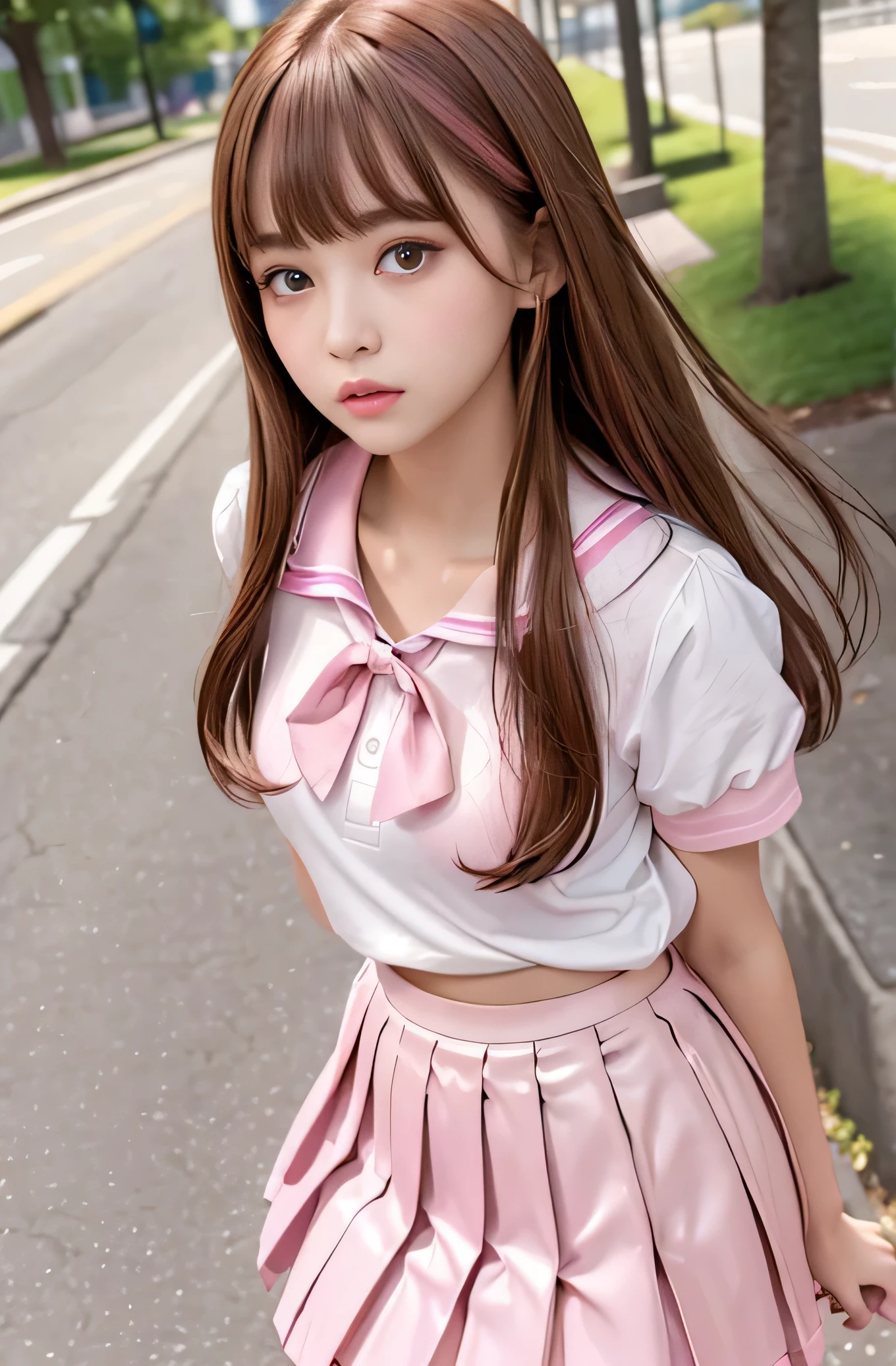 Angelic Very beautiful cute girl,
5 yo,
Beautiful detailed eyes, 
Detailed double eyelids,
(Large eyes:1.4),
Long straight brown hair, 
see-through bangs,
Sharp Focus,
small straight nose,
beautiful detailed face and eyes, 
drooping eyes,
(Soft Saturation: 1.3), 
(Fair skin: 1.2),

BREAK (super shiny pink sailor high school uniform:1.5),(super shiny pink pleated skirt :1.5), (pink sailor collar high school uniform),

Walking,
Costume lighting,
In the street ,
(Brown hair:1.5)