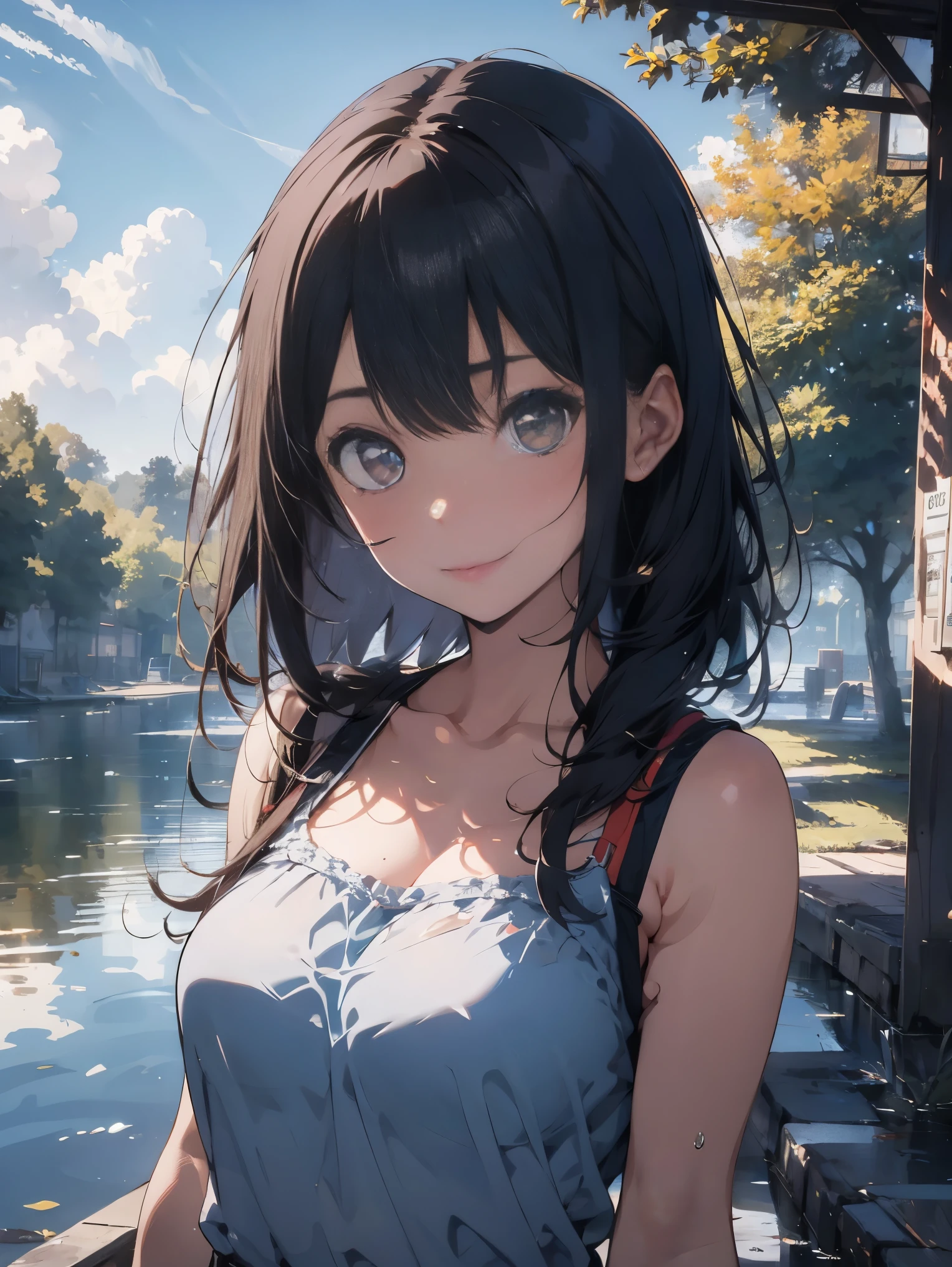 ((Highest quality)), ((masterpiece)), (detailed), (Japanese),, Black Hair,(Childish face), (Long Hair), Girl, small Breasts, ((topless)), ((Blue eyes)),half-smile ,Sunlight, arched back, (extreme_close_up) , riverbank, flower garden,