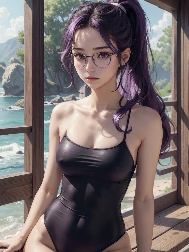 masterpiece, best quality, 1girl, solo, TwilightHuman, ponytail, purple hair fringes, dark purple eyes, glasses, pale skin, medium breasts, scrawny, bookworm, topless, wild curly black hair, curly hair, long hair, wild hair, hazel eyes, cinematic natural light, organic dust particles in the light, sensual, 4k, look at camera, highly detailed face, close-up of face, wearing a skin tight swimsuit