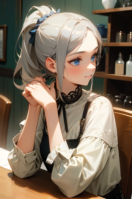 (masterpiece: 1.2, Highest quality), (Actual Photos, Intricate details), 1. woman, alone, Upper Body, casual, Shoulder-length hair, Minimal makeup, Natural materials, Face close-up, smile, Home, Gray Hair, blue eyes, Shoulder Bare、ponytail、Stylish cafe、