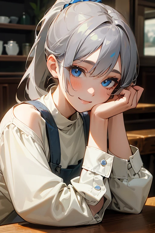 (masterpiece: 1.2, Highest quality), (Actual Photos, Intricate details), 1. woman, alone, Upper Body, casual, Shoulder-length hair, Minimal makeup, Natural materials, Face close-up, smile, Home, Gray Hair, blue eyes, Shoulder Bare、ponytail、Stylish cafe、