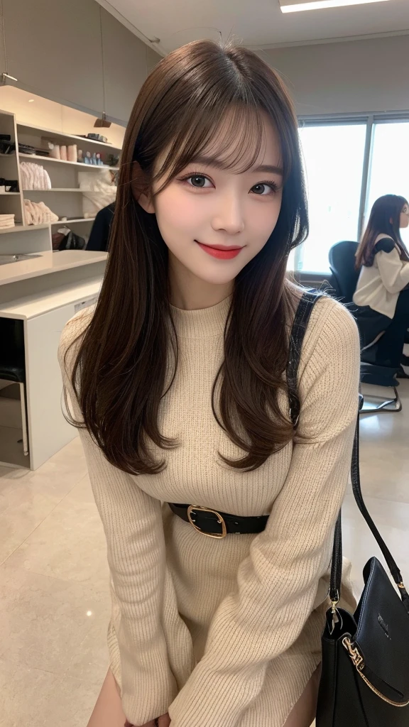 In detail, High resolution, high quality、Beautiful fine details, long hair, Natural color lip、1 person、Clear Skin、Shiny Hair、Tabletop, 最high quality,  Super detailed, In detail, High resolution, 8k、Beautiful feet,Perfect beautiful face,KPOP idol faces,Ecstatic face、Cute face,thigh boots、Knit dress、smile、Dressing room、bag、belt、mini skirt、