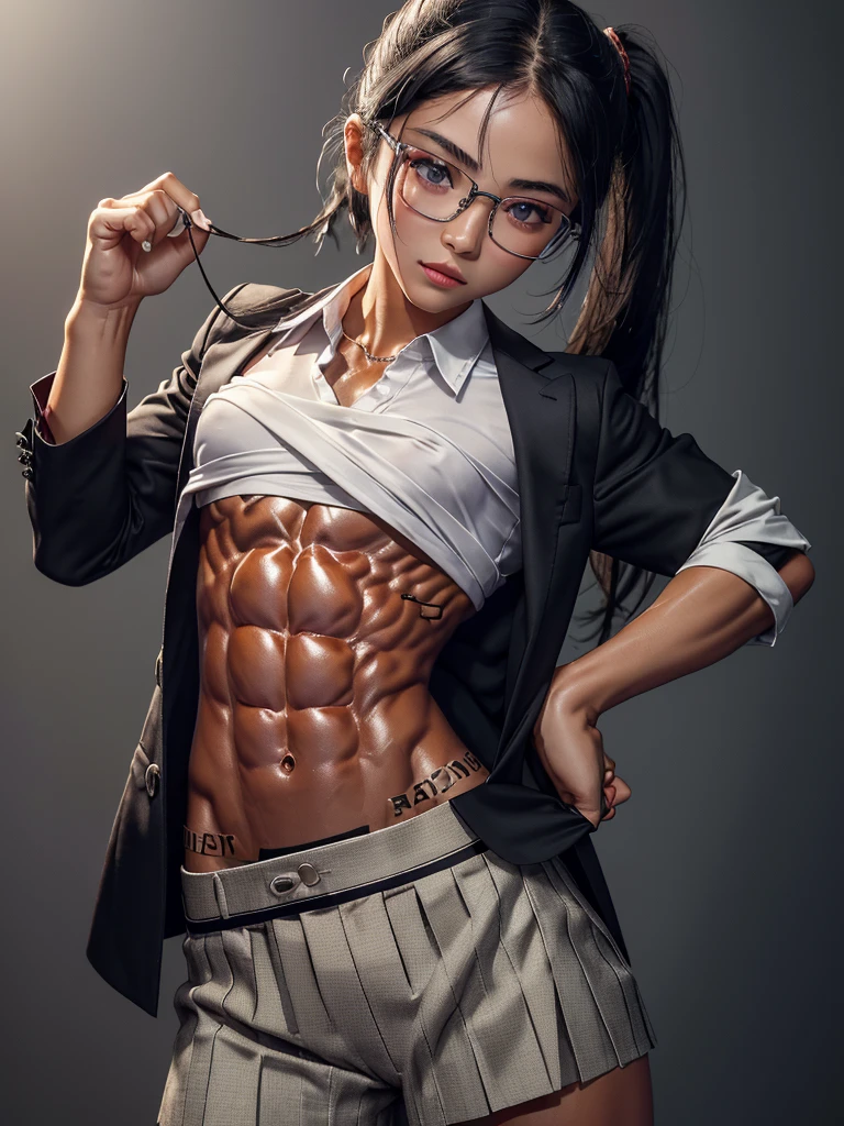 Pretty nerdy Chinese girl, detailed face and eyes, looking at viewer, masterpiece, best quality, shallow depth of field, 8K HDR, huge breasts, 85mm photo, shallow depth of field, tack sharp, (1girl:1.9), 18 years old, , black hair, tanned skin, short ponytail, 4’9” height, eye glasses (wearing a white button up school blouse a black blazer and a black pleated skirt:1.3), (showing abs, chiselled abs, shredded 8-pack abs:, abs of steel, shredded abdominal muscle, cut lower obliques, washboard abs:1.7), (slim body:1.2), gorgeous, standing in the park, wearing make up, (beautiful feminine face:1.8)