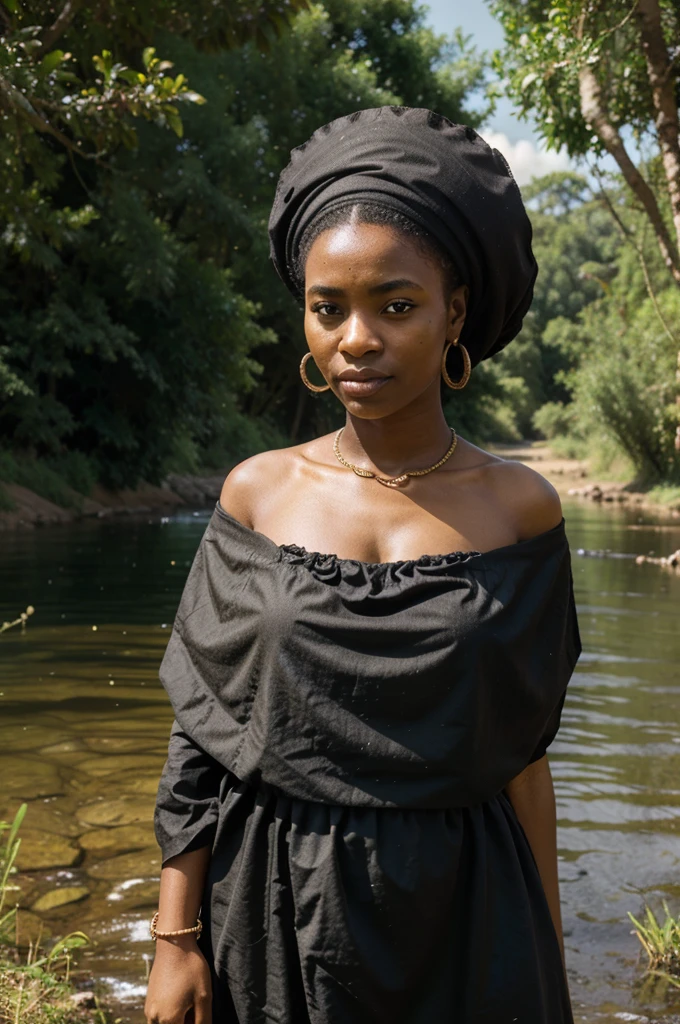 dame africaine, peau sombre, porter du tissu africain, gros cul, at the river, green vegetation