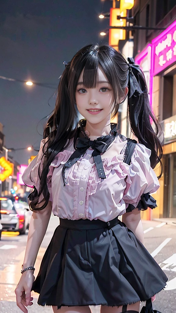 (8k、Best image quality、Highest quality、masterpiece)、Detailed face、One Girl、Black Hair、((Twin tails))、Blunt bangs、short hair、Wavy Hair、Grey Eyes、Earrings、Wicked Smile、Grin、Moderate bust、((Pink clothes))、Frills、Black Ribbon、Black mini skirt、Frills、jirai kei attire、Cowboy Shot、Night downtown background