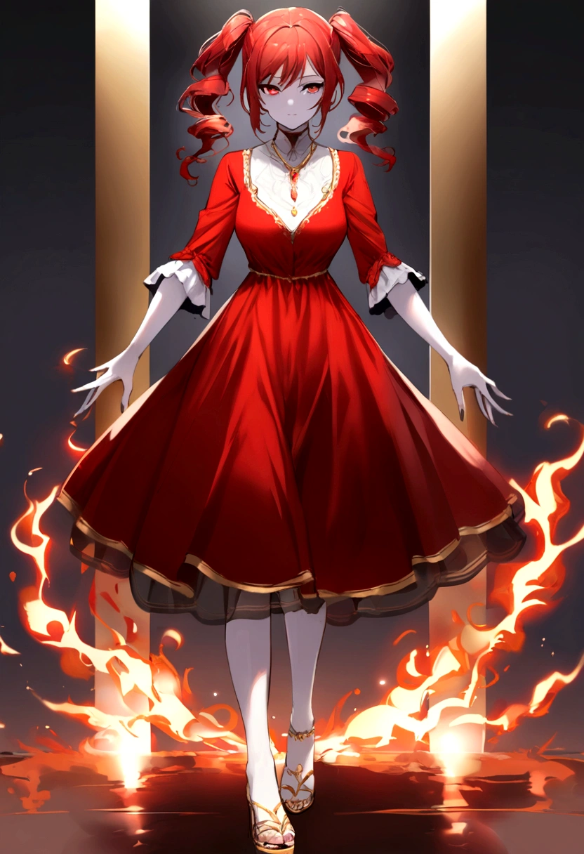 : ((((Picture of a 5 ft 7 inches tall girl with pale skin and long fiery red hair)), 1girl, standing, posing, ((checking her sword)), (( relaxed), casual outfit)), high heels, red hair in two pigtails, ((full frontal pose)), facing slightly off to the viewer side, (( medium shot))), ((soft focus))), ((nice smile)), ((eager eyes))), ((three-quarter sleeve dress)), (((gold jewelry))), ((hehrish background, take me away))), medium breasts, ((feminine ankles))), 22 years old, ((sophisticated attire)))