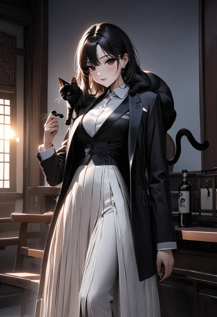 (best quality,4k,8K,high resolution,masterpiece:1.2),Very detailed,(Practical,photoPractical,photo-Practical:1.37),Chinese tailored suits and dresses,Gangsta Girl,Backlight,Deep Shadows,Cat silhouette light,Dominant cat perched on shoulder,Simple and elegant dress,Attractive suit designs,Simple style,Black and White,Tai Chi,Yin Yang style,ink splash style background.