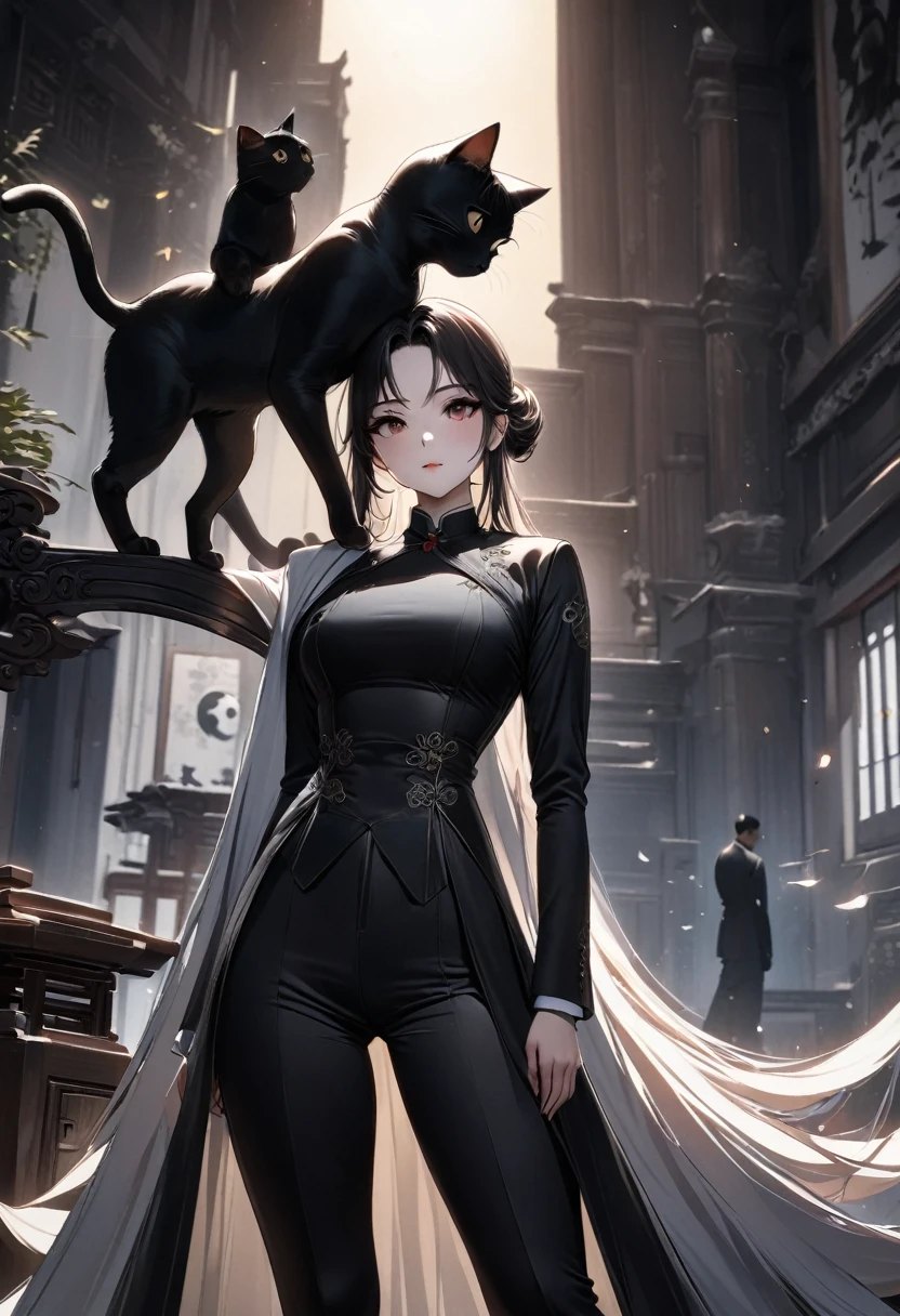 (best quality,4k,8K,high resolution,masterpiece:1.2),Very detailed,(Practical,photoPractical,photo-Practical:1.37),Chinese tailored suits and dresses,Gangsta Girl,Backlight,Deep Shadows,Cat silhouette light,Dominant cat perched on shoulder,Simple and elegant dress,Attractive suit designs,Simple style,Black and White,Tai Chi,Yin Yang style,ink splash style background.