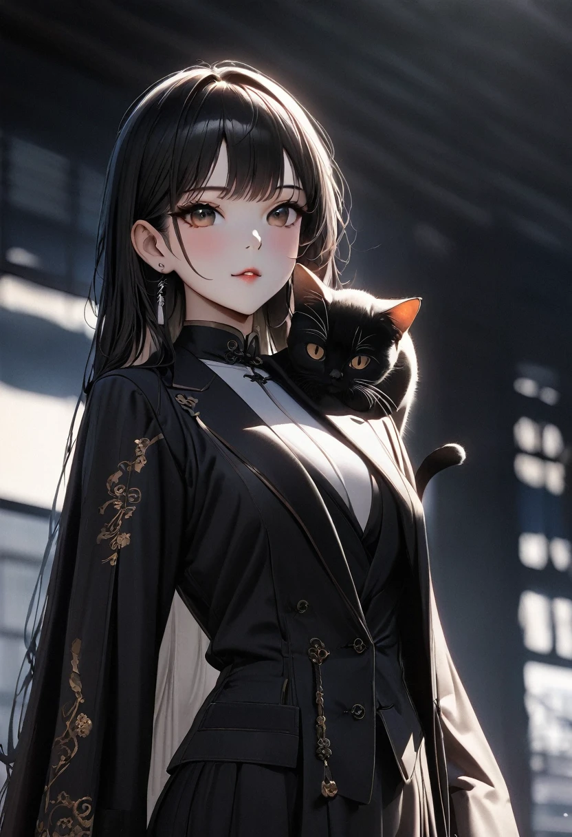 (best quality,4k,8K,high resolution,masterpiece:1.2),Very detailed,(Practical,photoPractical,photo-Practical:1.37),Chinese tailored suits and dresses,Gangsta Girl,Backlight,Deep Shadows,Cat silhouette light,nt cat perched on shoulder,Simple and elegant dress,Attractive suit designs,Simple style,Black and White,Tai Chi,Yin Yang style,ink splash style background.