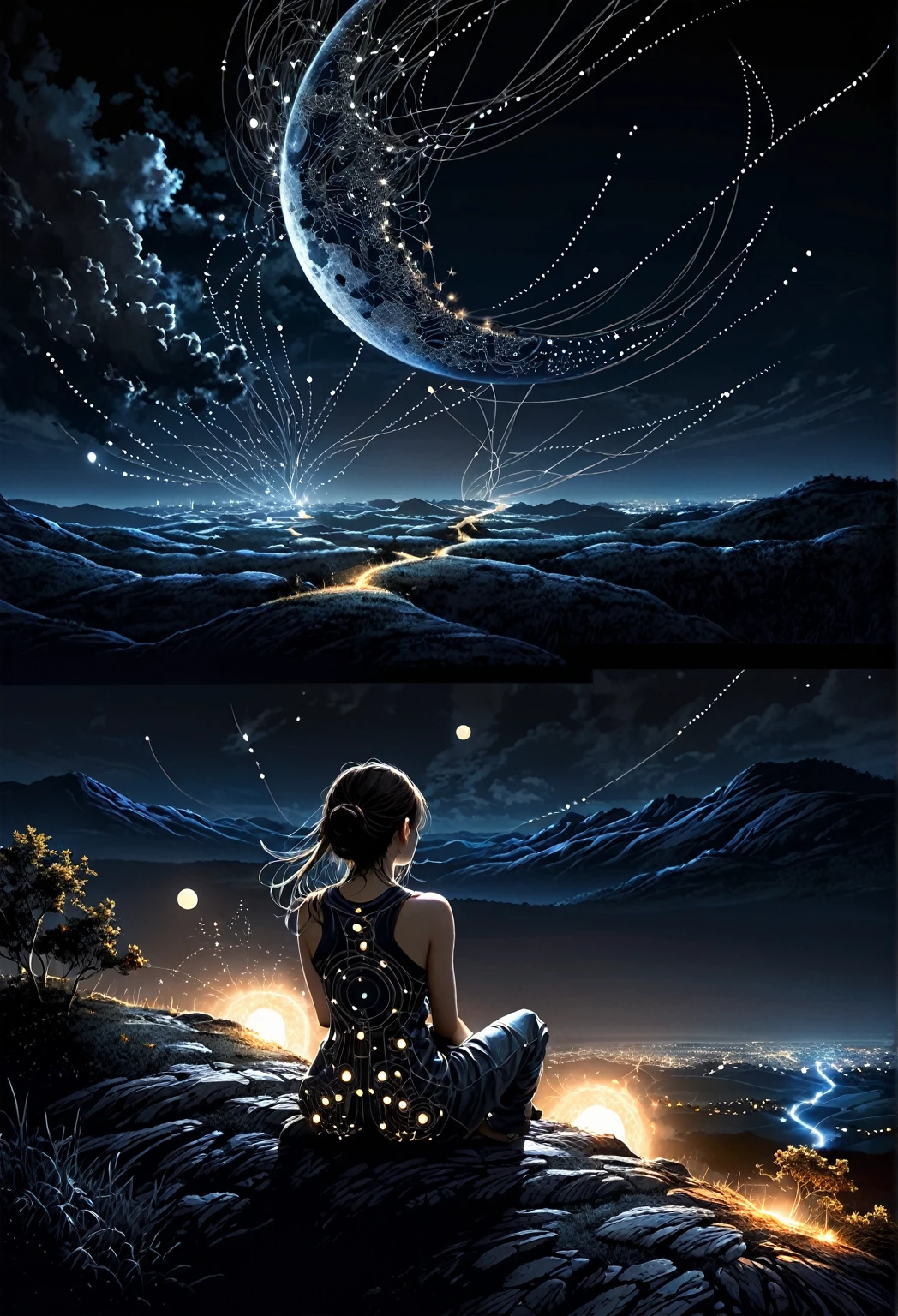 linquivera girl sitting on a small hill looking at night sky, fflix_dmatter, back view, distant exploding moon, nights darkness, intricate circuits and sensors, photographic realism style, detailed textures, peacefulness, mysterious.