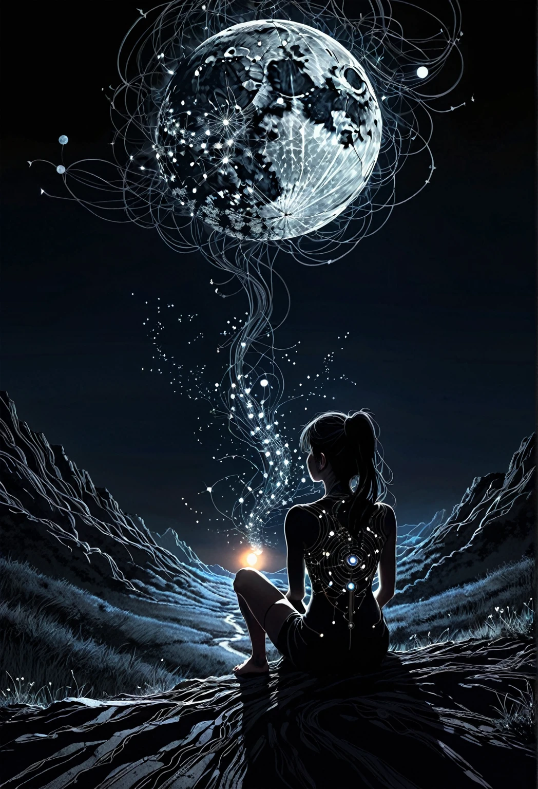 linquivera girl sitting on a small hill looking at night sky, fflix_dmatter, back view, distant exploding moon, nights darkness, intricate circuits and sensors, photographic realism style, detailed textures, peacefulness, mysterious.