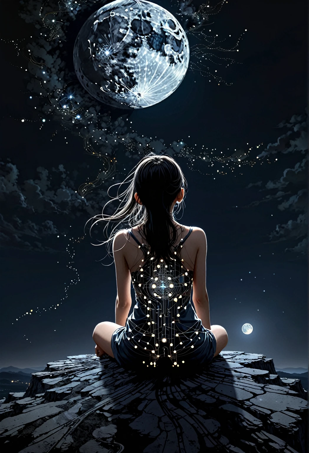 linquivera girl sitting on a small hill looking at night sky, fflix_dmatter, back view, distant exploding moon, nights darkness, intricate circuits and sensors, photographic realism style, detailed textures, peacefulness, mysterious.