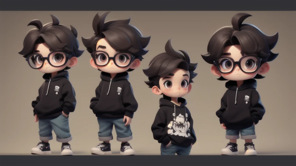 Make a boy chibi with black pullover, dark brown eyes, glasses, texture crop style hair.