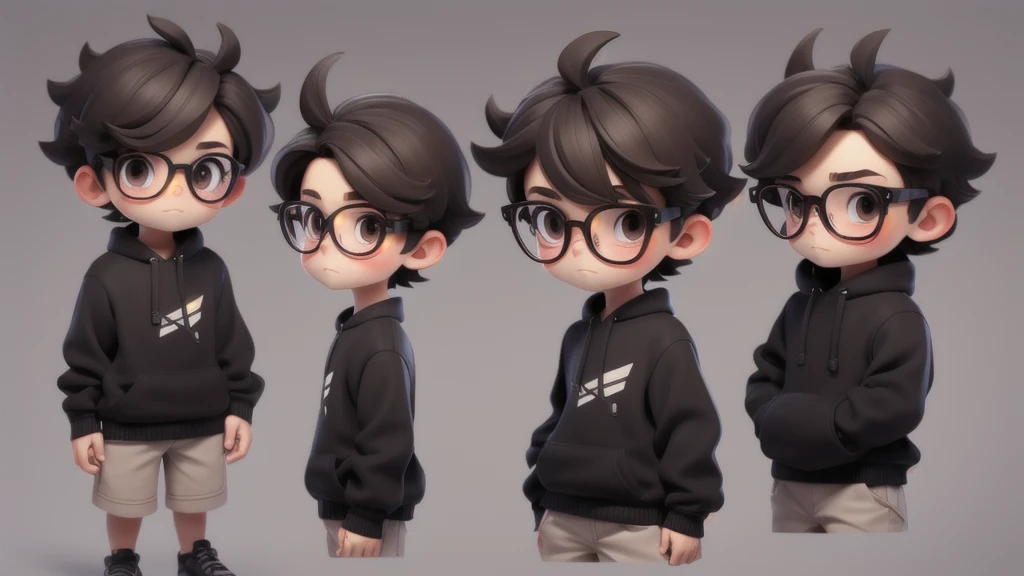 Make a boy chibi with black pullover, dark brown eyes, glasses, texture crop style hair.