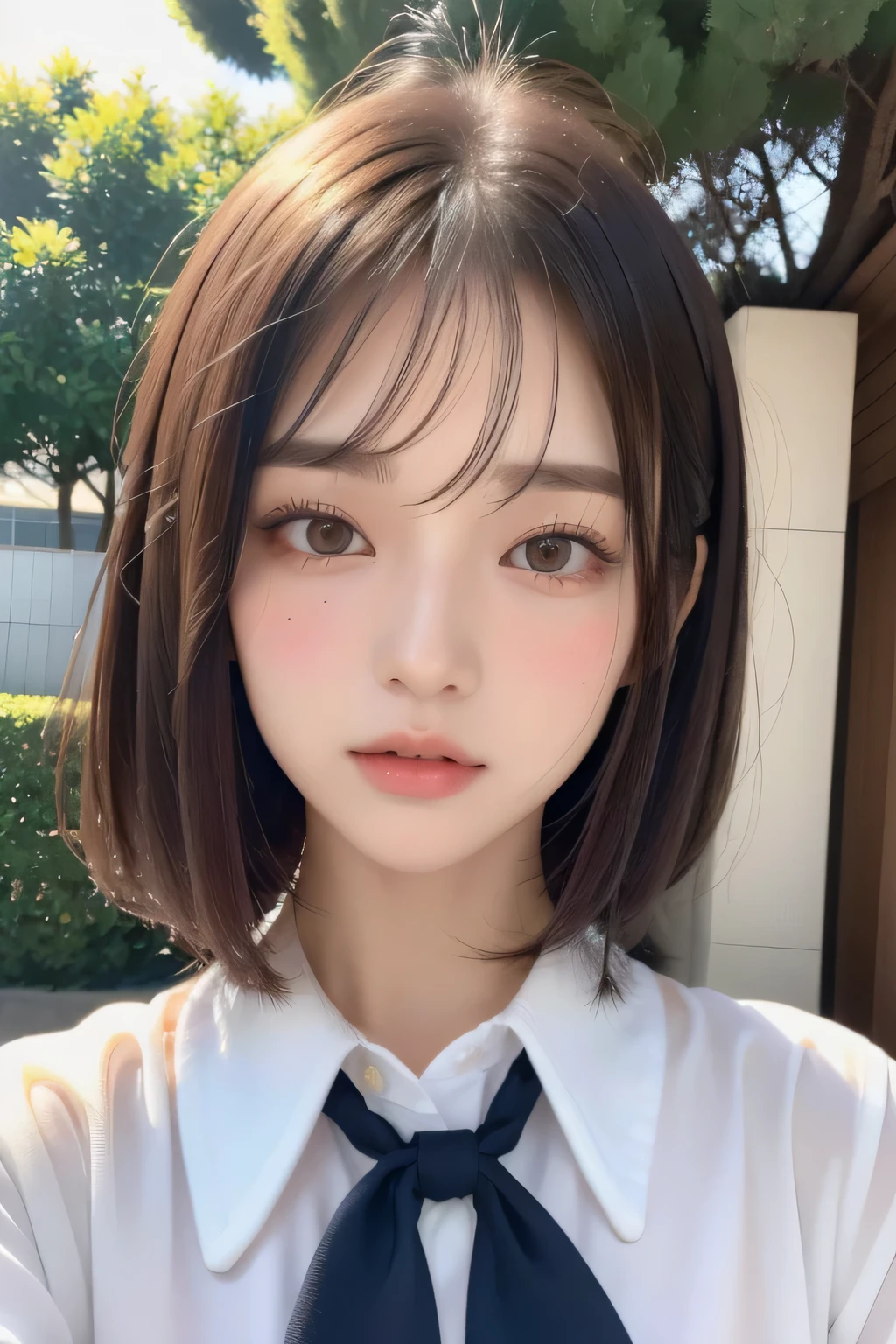 (Highest quality:1.3)、(Masterpiece:1.4)、Raw photo、8k、(Highest Resolution)、(Highest quality)、high resolution、(from the front)、Beautiful face in every detail、Realistic human skin、(Long bob hair:1.3)、(Straight Hair)、(Low hair volume:1.3)、Shirahime cut hairstyle、(Young and pretty Asian face), (Beautiful Asian Girl),((Ulzzang))、(Her eyes are big)、Attractive woman、(Attractive lips)、The corners of the mouth rise、(With bangs))、(No makeup)、Beautiful Hair、(Blushing:1.17)、(Japanese high school girls)、(Schoolgirl uniform)、、(JK Ribbon)、A bow tie、I want to kiss、(I want you to kiss me)、The Temptation of Kissing、garden