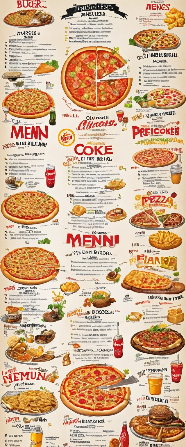 illustration of a restaurant menu, first picture: in the middle the word "menu" in big letters, in the corners of the picture burger, pizza, cappuccino, carbonated drink, hot dock, closed pizza,
second picture of the menu: dishes are arranged in staggered order: assorted pizzas, their names and prices, French fries, nuggets and prices, sodas (coke).