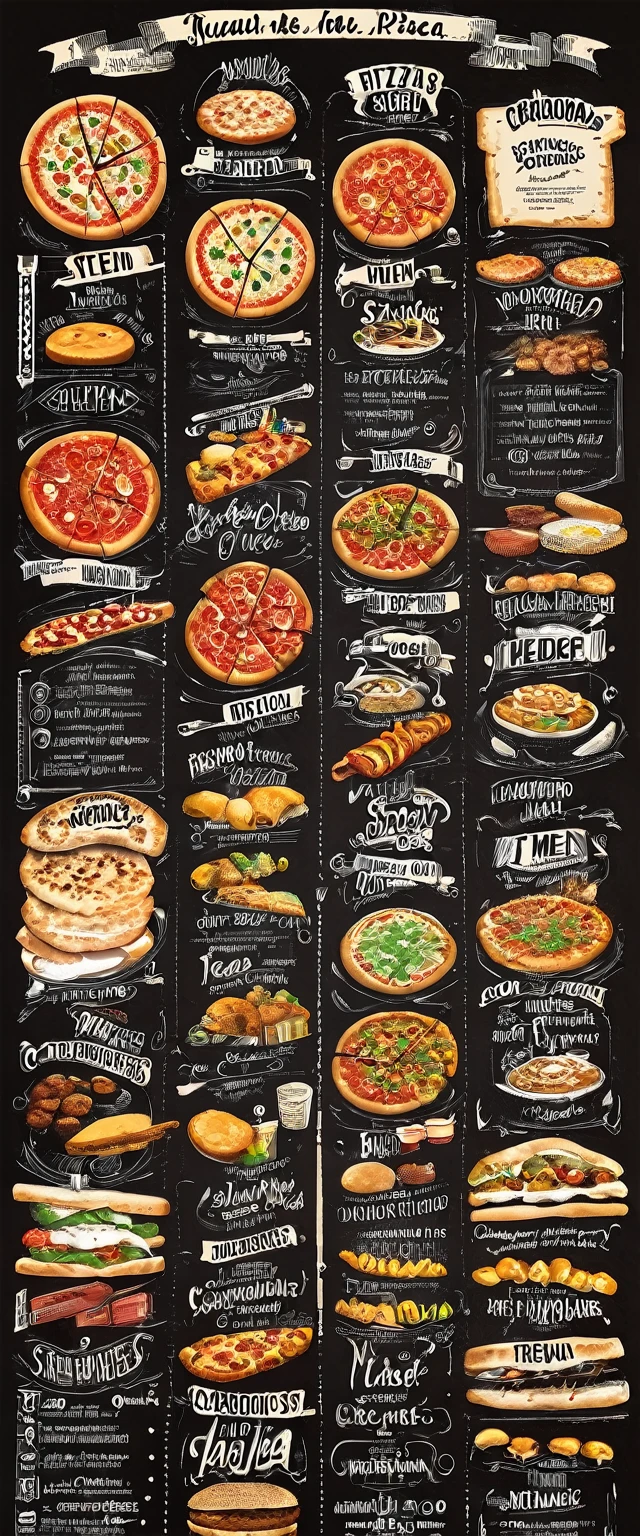 illustration of a restaurant menu, first picture: in the middle the word "menu" in big letters, in the corners of the picture burger, pizza, cappuccino, carbonated drink, hot dock, closed pizza,
second picture of the menu: dishes are arranged in staggered order: assorted pizzas, their names and prices, French fries, nuggets and prices, sodas (coke).