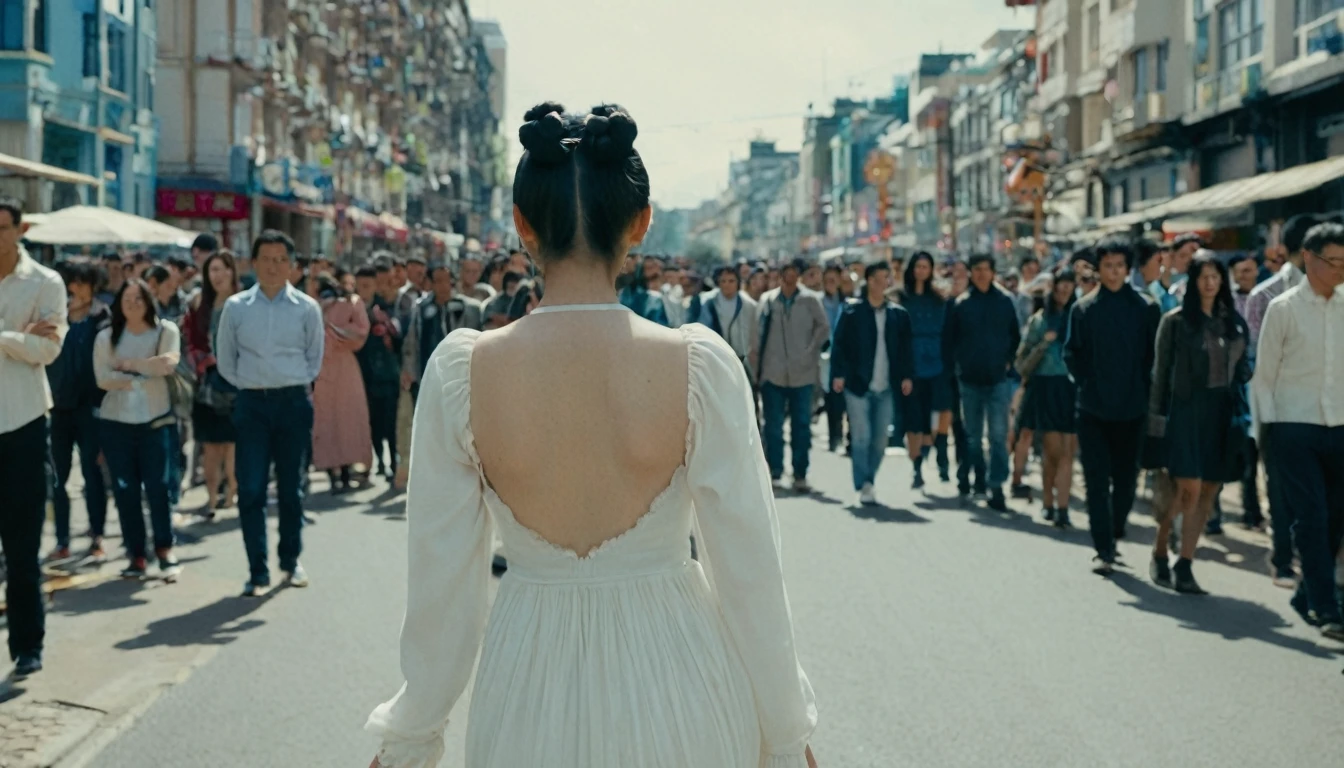 a girl, 17yo, (from back), wide shot, black hair, (Double Buns), looking ahead, white dress, long sleeves, walking city road, buildings, crowd of people, blue sky, bloom, glowing,