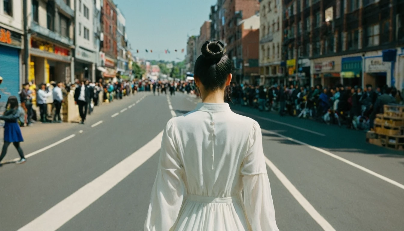 a girl, 17yo, (from back), wide shot, black hair, (Double Buns), looking ahead, white dress, long sleeves, walking city road, buildings, crowd of people, blue sky, bloom, glowing,