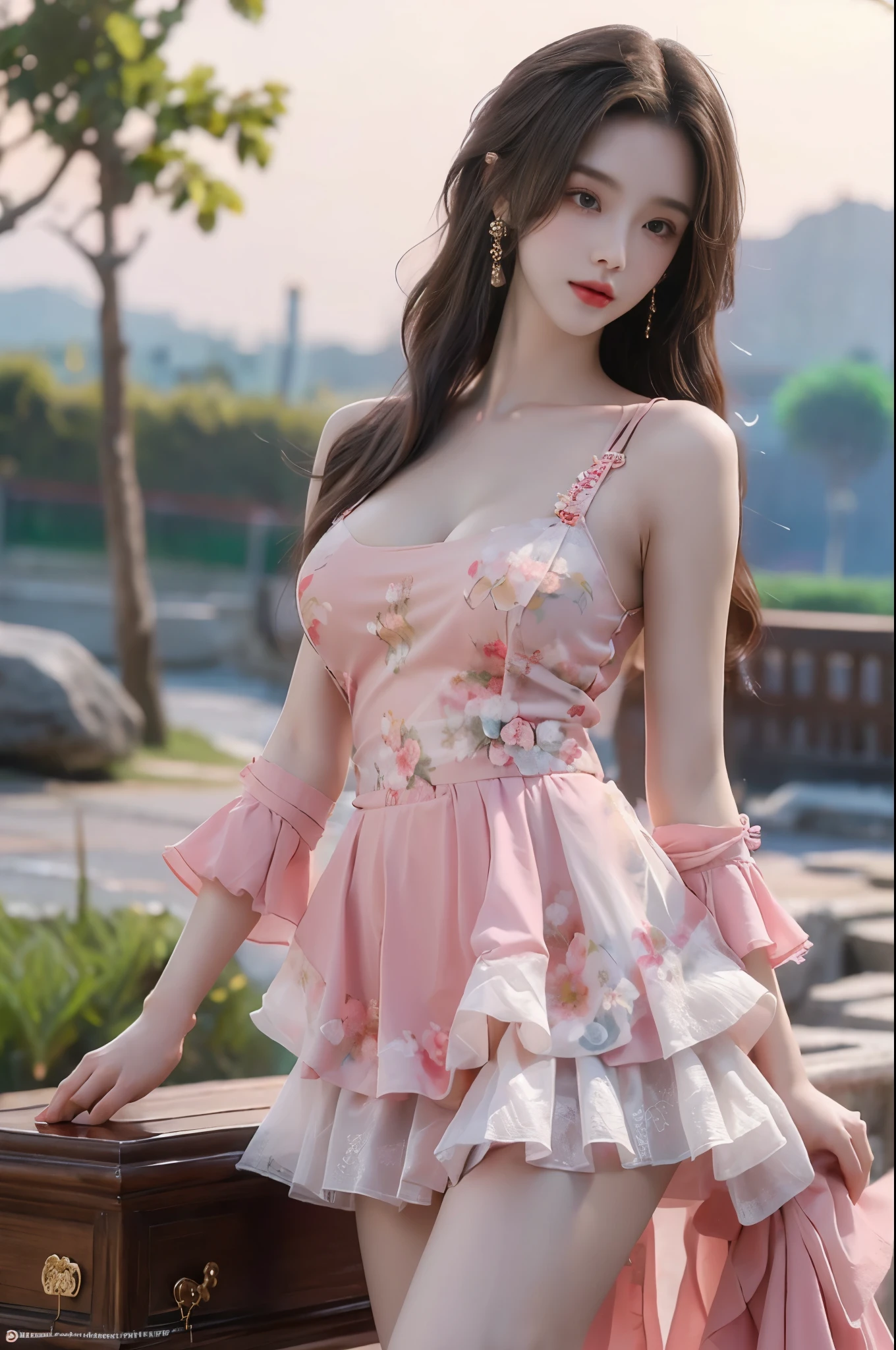 newchinesestylesuit, Beauty, beautiful女人，Have a perfect body：1.4，Layered Hairstyle，((Big breasts)), ((D cup)), Visible cleavage，Bare shoulders, Highly detailed face and skin texture，Double eyelids，Skin Whitening，Long hair，Whitening long legs，Standing by the sea, Fashion girl, Red lips, Sweet maiden, beautiful妆容, detail, lifelike, Very detailed, amazing, beautiful, Young and energetic, high quality，High Definition, rich and colorful，Exquisite, Smooth skin, The skirt is short, Lift the skirt with your hands, Elegant and charming posture, Official Art, Extremely detailed, Movie atmosphere, Soft colors, Natural skin texture,