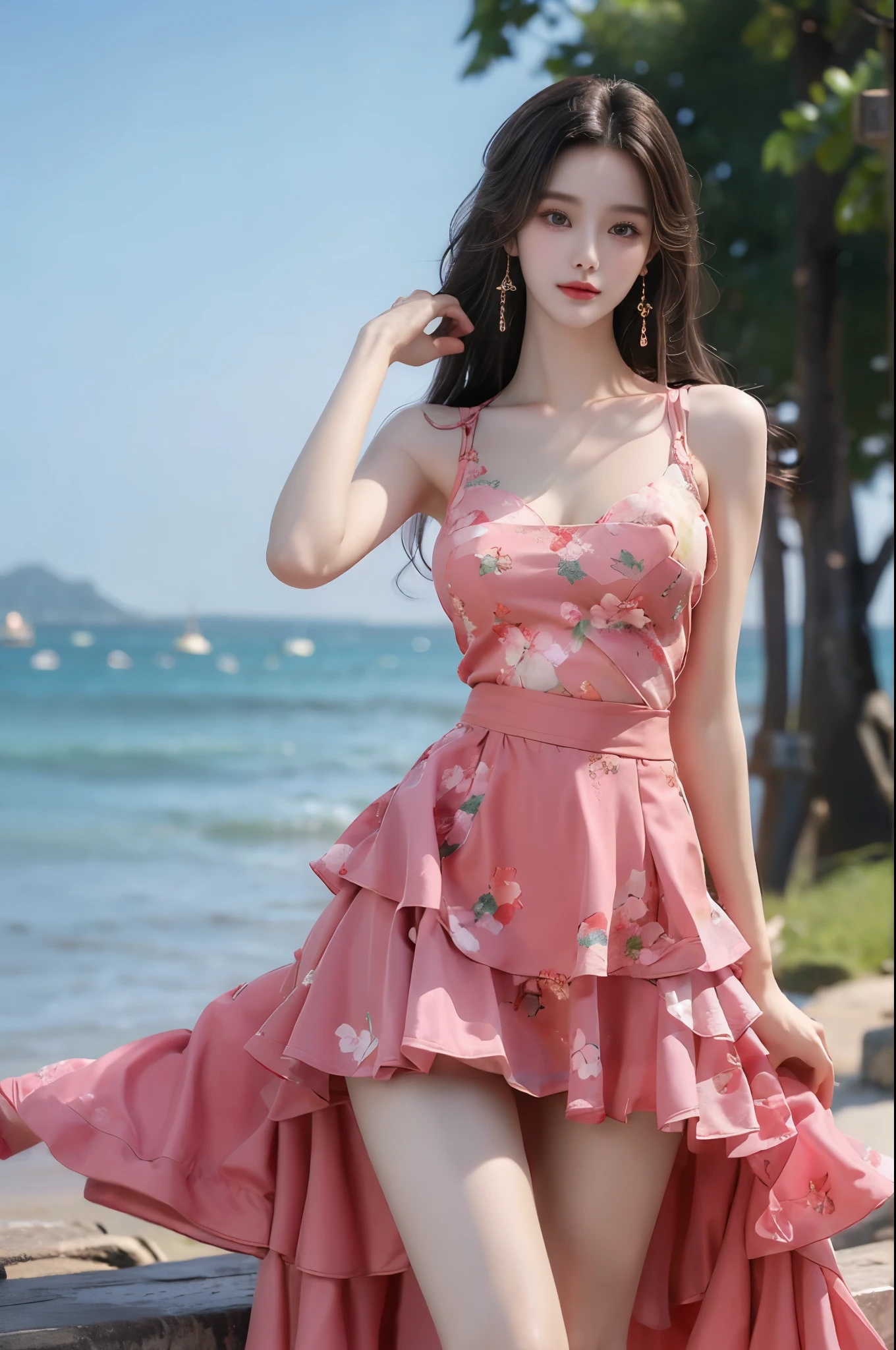 newchinesestylesuit, Beauty, beautiful女人，Have a perfect body：1.4，Layered Hairstyle，((Big breasts)), ((D cup)), Visible cleavage，Bare shoulders, Highly detailed face and skin texture，Double eyelids，Skin Whitening，Long hair，Whitening long legs，Standing by the sea, Fashion girl, Red lips, Sweet maiden, beautiful妆容, detail, lifelike, Very detailed, amazing, beautiful, Young and energetic, high quality，High Definition, rich and colorful，Exquisite, Smooth skin, The skirt is short, Lift the skirt with your hands, Elegant and charming posture, Official Art, Extremely detailed, Movie atmosphere, Soft colors, Natural skin texture,