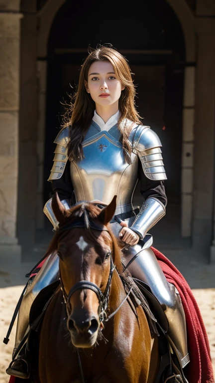 Imitating Joan of Arc from the Middle Ages Wearing robber armor and riding a horse, holding French flag,The horses are also wearing armor.、 Japanese girl , 16 year old ,(middle hair, brown hair, fringe) ,
,(masterpiece, highest quality, Very detailed, Ultra-high resolution, (photopractical:1.4), Original photo, (practical:0.2), 8K HDR,)、dark room, kingdom temple, moon-lighting,