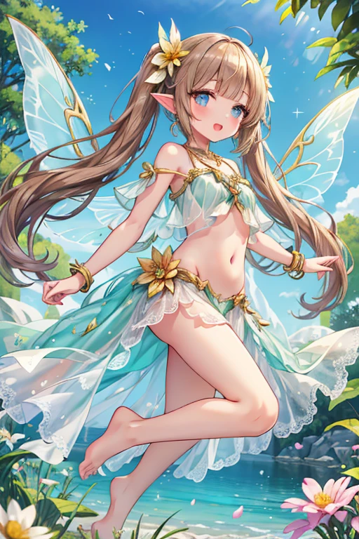 caustics, high details, high quality, sparkle, pastel colour, 1girl, fairy, fairy in fantasy, girl with wings on her back, big wings on the back, fairy wings, sister, small, cute, smile, blush, open mouth, beautiful girl, looking at the camera, shiny hair, light brown hair, very long hair, long hair that reaches the butt, blunt bangs, straight hair, half up pigtails, long ears, white long ribbon, blue eyes, droopy eyes, beautiful eyes, sparkling eyes, flat chest, curvy, beautiful stomach, belly button, beautiful thighs, pale emerald green dress, see-through dress, strap dress, gold trim dress, pale emerald green panties, side string panties, gold trim panties, barefoot, golden bracelet, golden ankle bracelet, luxurious gold necklace, golden earrings, Transparent wings, insect wings, Plains of white flower, pale sunlight, on the lake, petals dancing in the wind, hair blowing in the wind, colorful flowers, shoot from above, full body shot, front view
