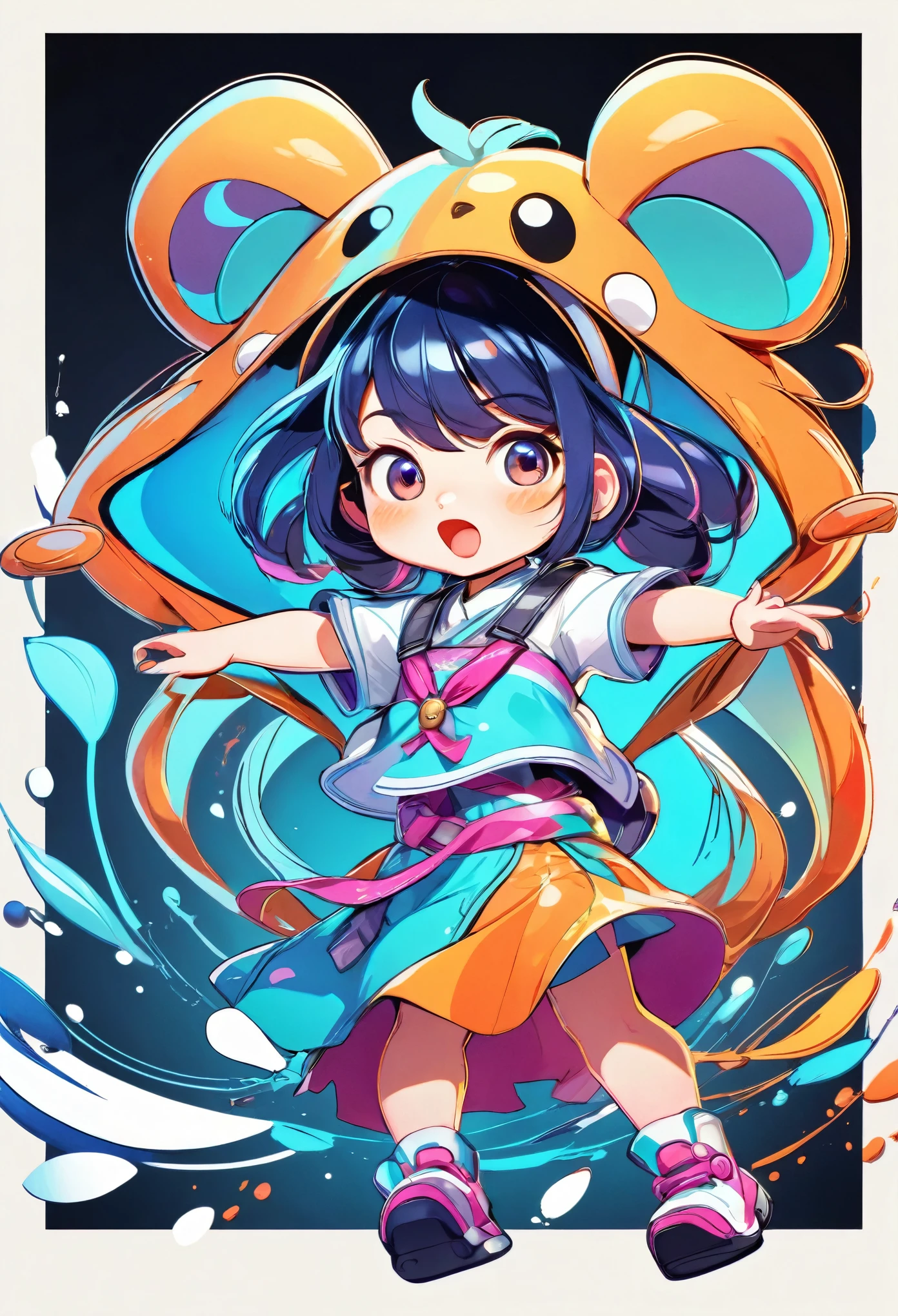 a cartoon character of an anthropomorphized animal, detailed marker outline, 1girl, cute, anime style, dynamic pose, whimsical expression, bright vibrant colors, dynamic lighting, digital painting, masterpiece, (best quality,4k,8k,highres,masterpiece:1.2),ultra-detailed,(realistic,photorealistic,photo-realistic:1.37)