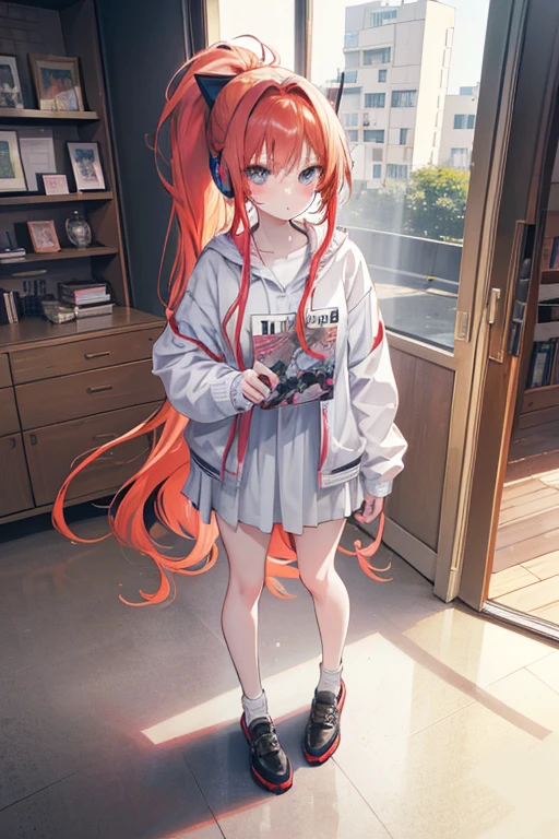 Prompt: best anime quality 4k, long auburn color hair, messy ponytail, grey eyes, sassy, kawaii, gorgeous, long hair, pale skin, dreamy, feminine, teenage girl, high school student,slim, fashionable, cute, quirky, aloof, bookworm, introverted, face view, drawing something, wearing headphones, full body