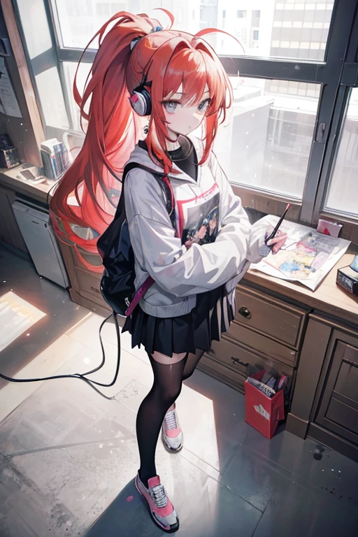 Prompt: best anime quality 4k, long auburn color hair, messy ponytail, grey eyes, sassy, kawaii, gorgeous, long hair, pale skin, dreamy, feminine, age girl, high school student,slim, fashionable, cute, quirky, aloof, bookworm, introverted, face view, drawing something, wearing headphones, full body