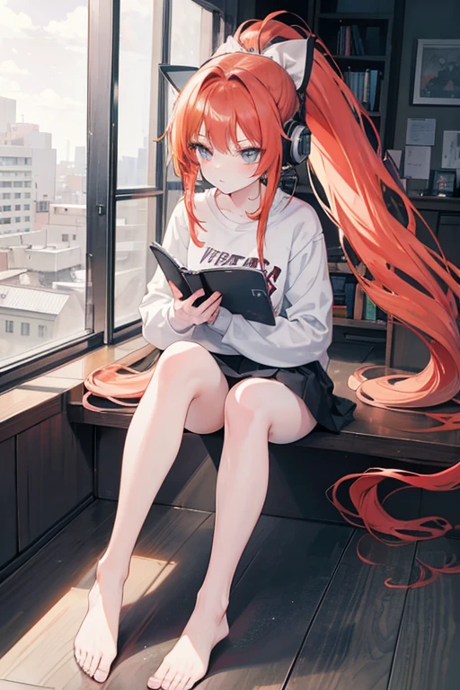 Prompt: best anime quality 4k, long auburn color hair, messy ponytail, grey eyes, sassy, kawaii, gorgeous, long hair, pale skin, dreamy, feminine, teenage girl, high school student,slim, fashionable, cute, quirky, aloof, bookworm, introverted, face view, drawing something, wearing headphones, full body