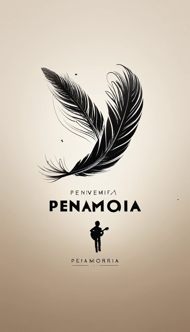 A minimal, modern, simple, cinematic logo design for the brand “Penamemoria". The logotype must be a simple, magical feather and a boy playing acoustic guitar. The logo must convey a sense of music, stories and dreams. Logo design impressed on a book cover. Minimalistic logo of a boy dissolving into a feather of dreams and memories
