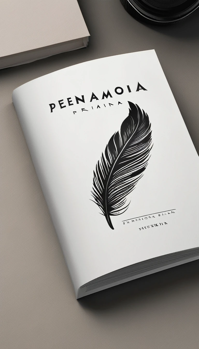 A minimal, modern, simple, cinematic logo design for the brand “Penamemoria". The logotype must be a simple, magical feather and a boy playing acoustic guitar. The logo must convey a sense of music, stories and dreams. Logo design impressed on a book cover. Minimalistic logo of a boy dissolving into a feather of dreams and memories