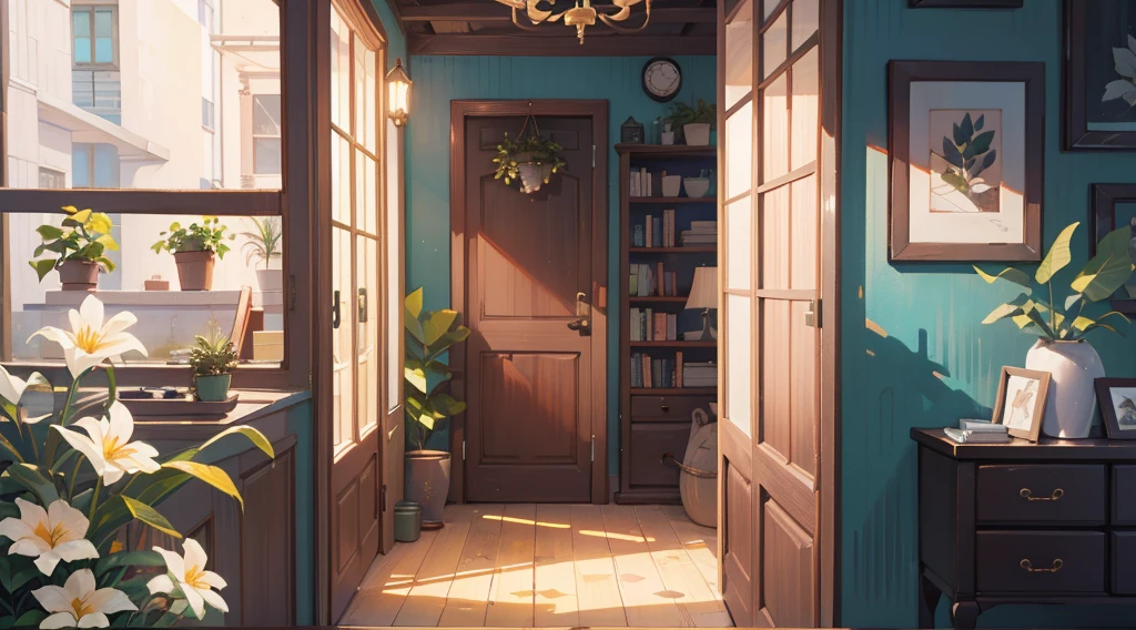(Masterpiece), Best quality, Ultra-high resolution, detailed structure, Detailed architecture, (Warm pastel colors), indoor,(nobody:1.5)Pull the door frame to see the living room,Behind is the living room, plant, Stamens, indoor。Entrance