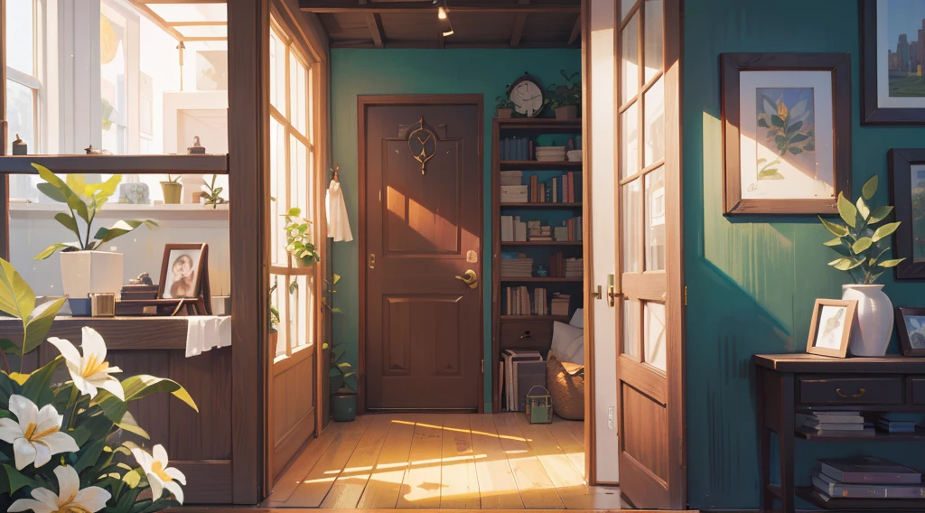 (Masterpiece), Best quality, Ultra-high resolution, detailed structure, Detailed architecture, (Warm pastel colors), indoor,(nobody:1.5)Pull the door frame to see the living room,Behind is the living room, plant, Stamens, indoor。Entrance