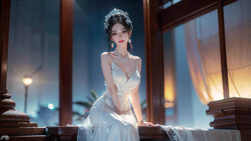 Byrne virus, ((Bare shoulders)), ((whole body)), ((Shot from random angles)), ((Sitting)), ((In class, Sitting on the podium)), (yushuxin,1 Girl,Solitary), Clear face, Pretty Face, 8K, masterpiece, original photo, best quality, detail:1.2,lifelike, detail, Very detailed, CG, Unite, wallpaper, Depth of Field, light, lens flare, Ray Tracing, (Extremely beautiful face, Beautiful lips, beautiful eyes), complex, detail face, ((ultra detailed skin)), 1 girl, in the darkness, Deep Shadows, Beautiful Korean girl, Korean Idol,(Very slim figure:1.3), Full breasts, Large Breasts, Slender sexy legs, Very beautiful legs, Elegant Posture, (A bright smile), (City night, (Neon), (night), Beautiful Korean girl, White Diamond Earrings, Bracelet diameter, Deya Necklace, Clear eyes, (big eyes)
