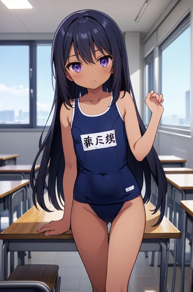 Elementary school girl、8-year-old、Flat Chest、Black Hair、Long Hair、Purple Eyes、Embarrassed look(1 person) Navy blue see-through school swimsuit, school classroom, standing pose, dynamic angle, black gal(Dark Skin:1.2)、(correction:1.1)、(short、small、small:1.2)、(Spread your legs、Open legs、Knee Raising:1.3)、between legs、perineum、