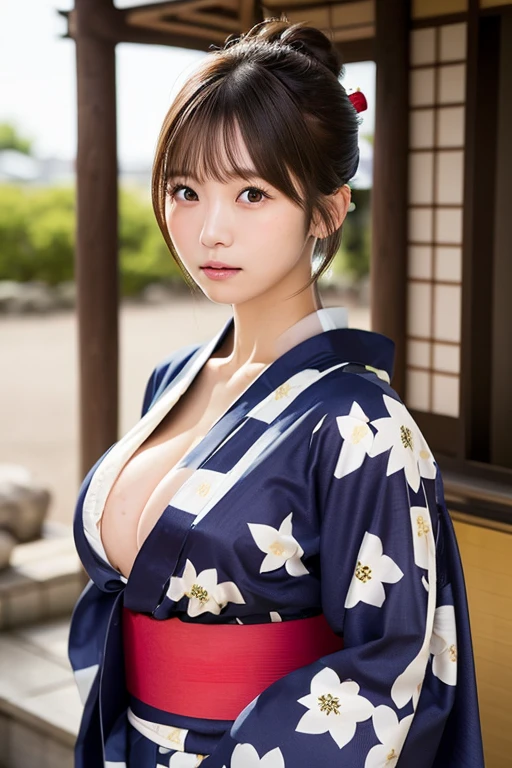 (solo、Japanese female 1 person:1.2), Light brown hair, (single hair bun:1.1), yukata、medium breast, Ultra Fine Face, great writing、Thin face, Delicate lips, (Beautiful Eyes:1.3), ((embarrassed:1.3)), Embarrassed and blushing, (Staring at the camera:1.3)、I put my hands on my chest、8k, Super Detail, high quality, 最high quality, High resolution , (open yukata:1.4) , (bare breasts:1.4) , gigantic breasts