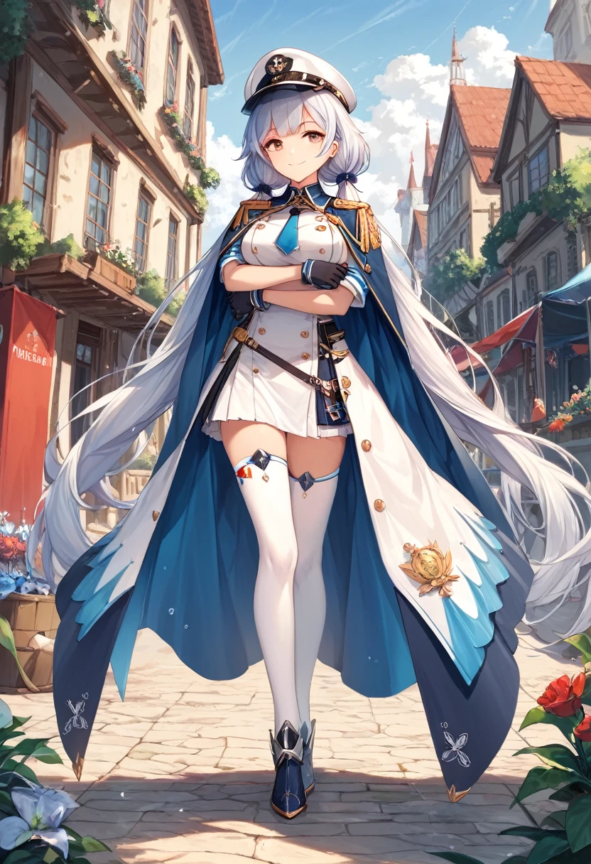 score_9,score_8_up,score_7_up,(details background),cowboy shot,1girl,
(masterpiece)),((best quality)),((outdoors,extremely detailed)),illustration,1girl,solo,light smile,Aquila_Azurlane,uniform,cape,white thighhighs,low twintails,absurdly long hair,fullbody,standing,black gloves,arm under breasts,