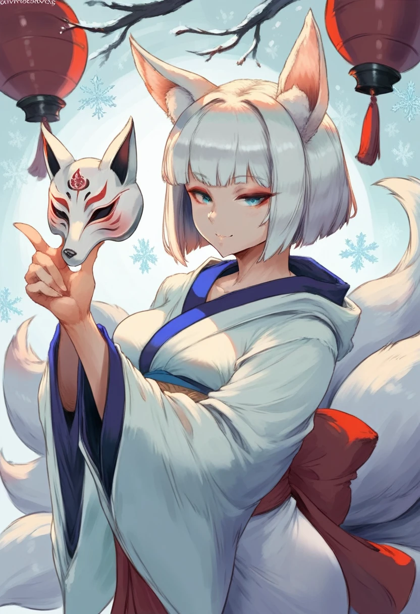 cutesexyrobutts style, 1girl, kaga_(azur_lane), wataboushi, tail, fox_tail, uchikake, japanese_clothes, animal_ears, fox_mask, mask, fox_ears, solo, kimono, blue_eyes, white_hair, multiple_tails, short_hair, hood, makeup, snowflakes, fox_girl, smile, white_kimono, eyeshadow, holding_mask, holding, wide_sleeves, looking_at_viewer, kitsune, blush, bangs