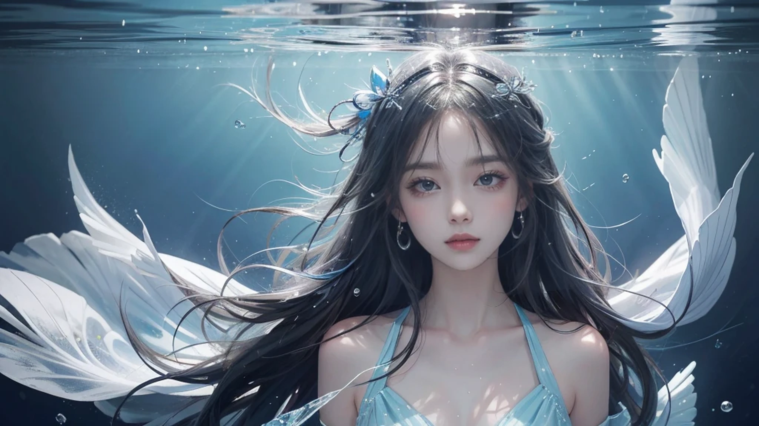 1 girl, Wrap your hands around your chest, ,abyssal, Dark blue hair, Curly hair, ribbon,The eyes are shining, sensual lip, curtained hair, hair over shoulders, romanticism lain, god light,, partial underwater shot, From below, (Masterpiece), Anatomically correct, (Super detail), High details, High quality, (Best quality), 8K,Princess-like