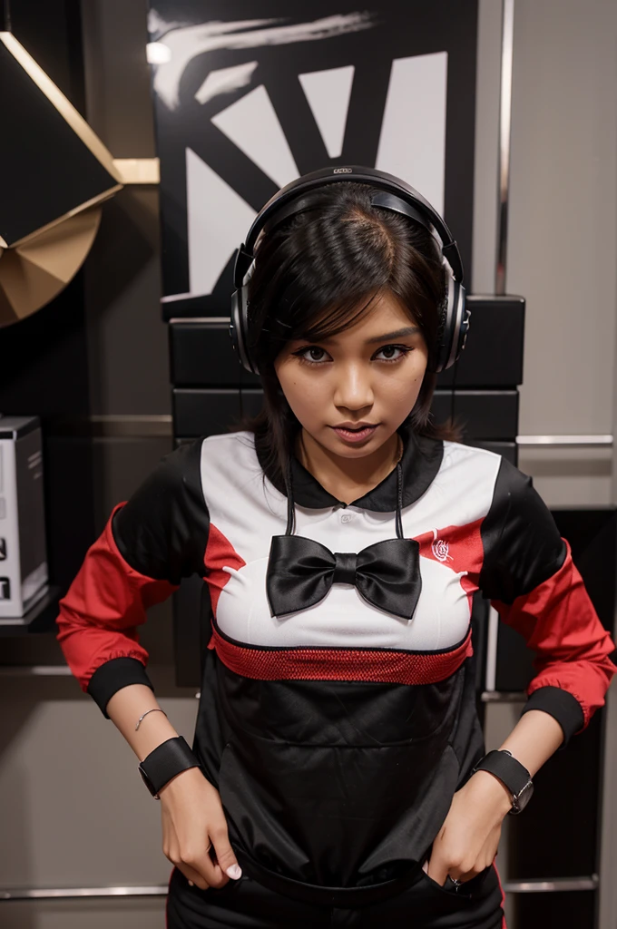 Karakter roblox perempuan memakai headphone kucing bewarna merah muda dan memakai baju hitam dan memakai pemanas lengan hitam